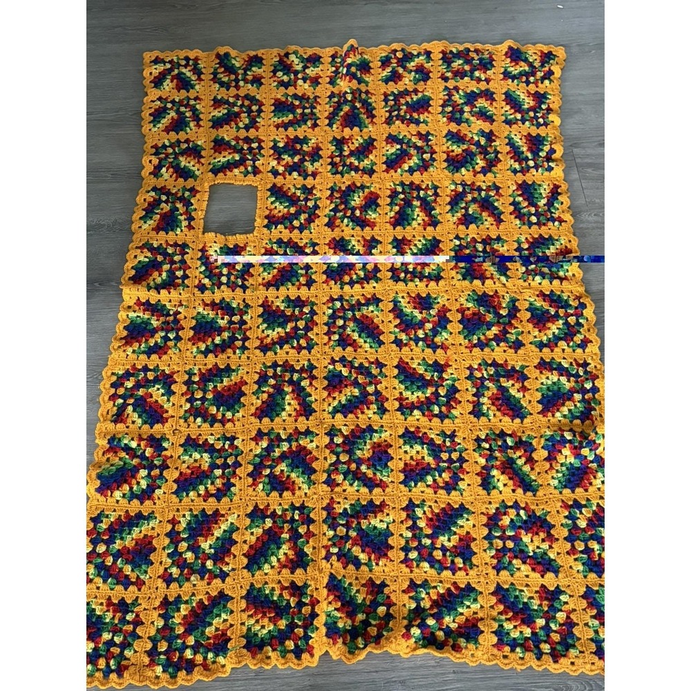 Vintage Orange Granny Square Handmade Crochet Knit Afghan Throw Blanket 46x66